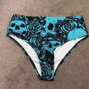 Edgy Skull and Rose Bikini Bottom - Black and Blue